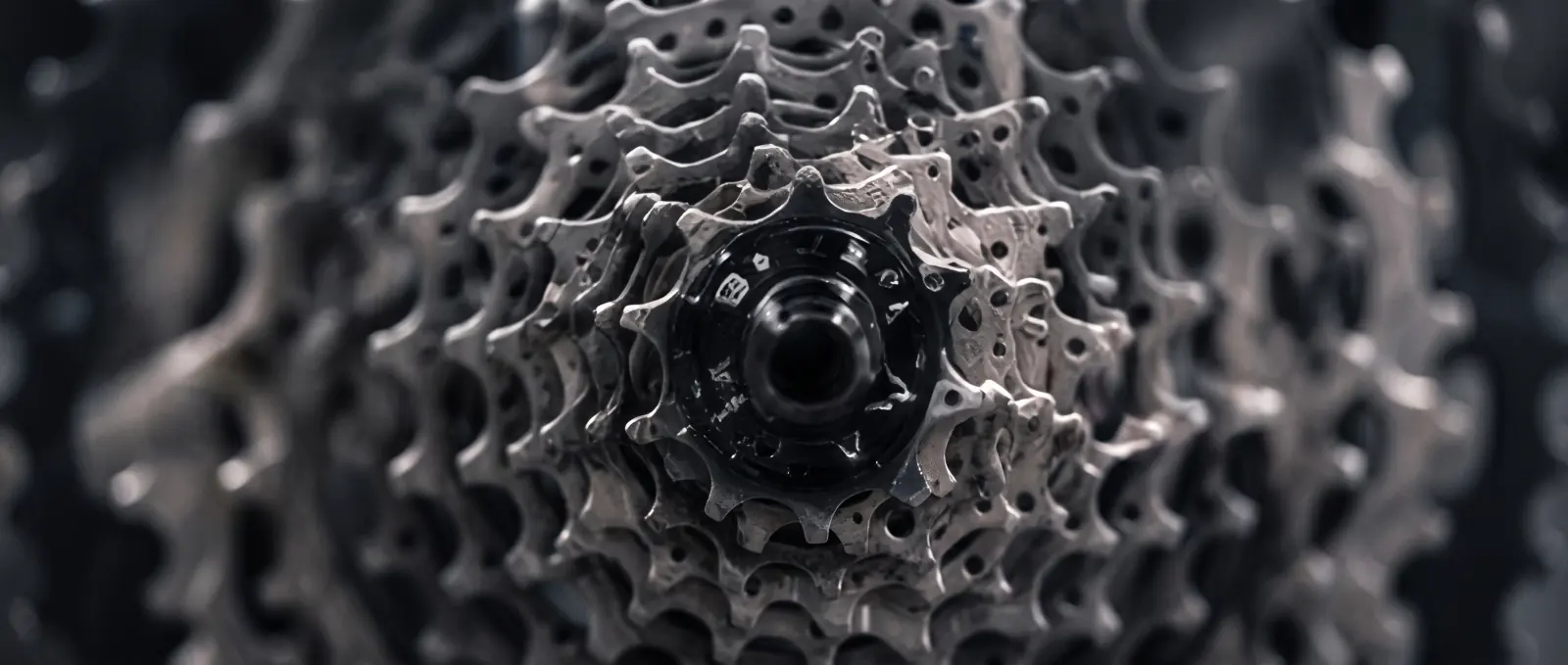 Close up of a mountain bike cassette and rear hub