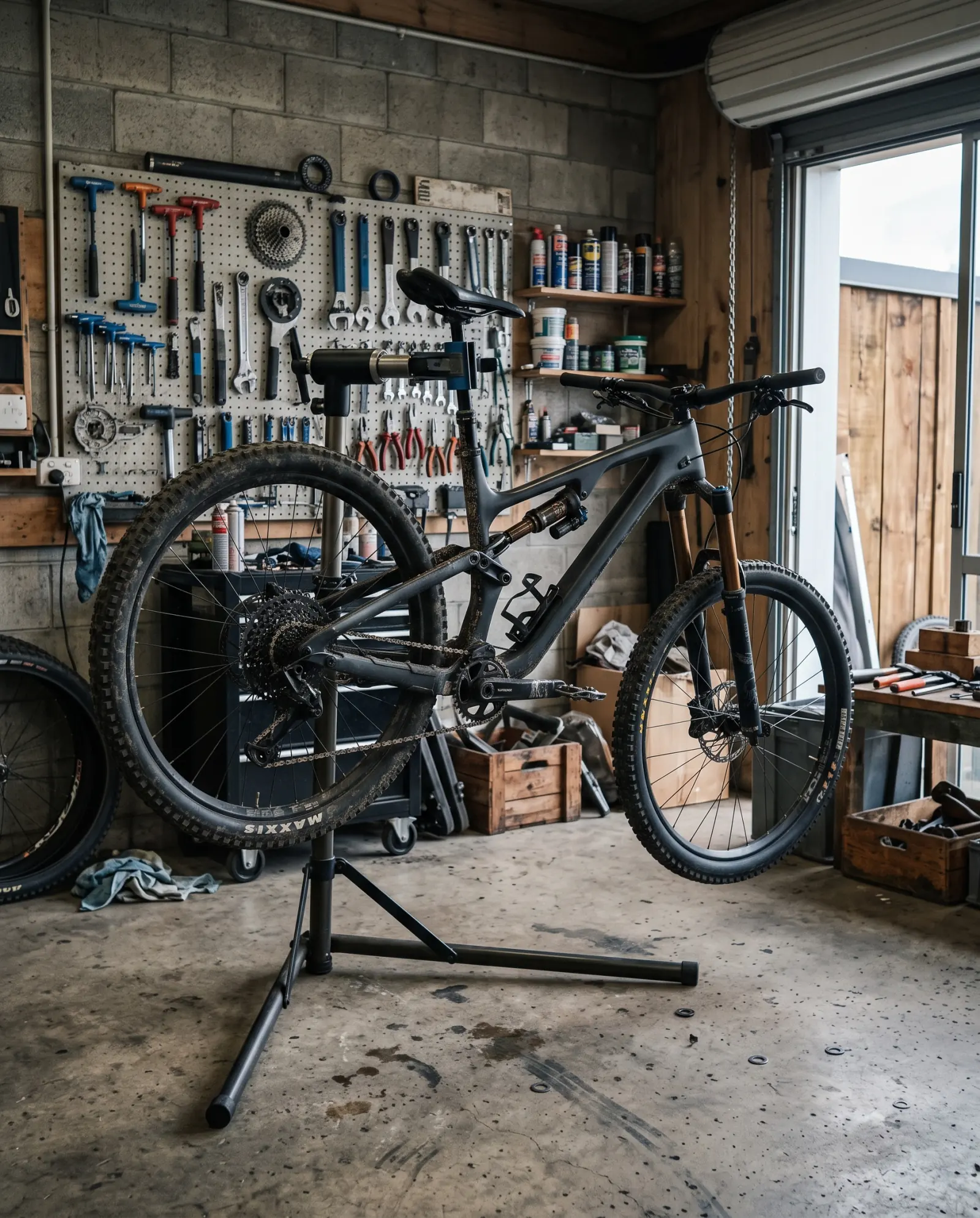 A mountain bike up on the workstand in the workshop, ready for its pre-season service