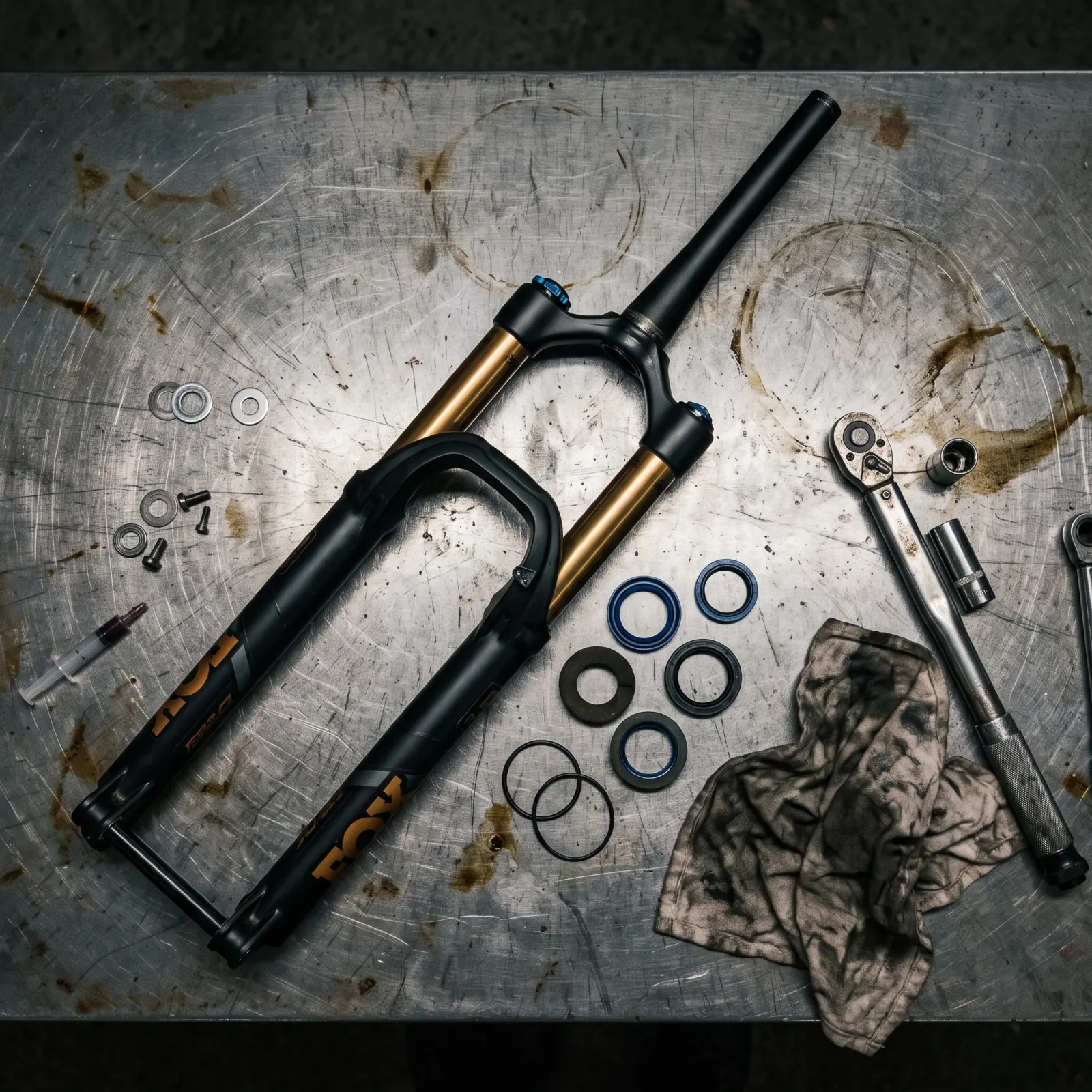 A suspension fork stripped down on the workshop bench, lowers off, ready for its service