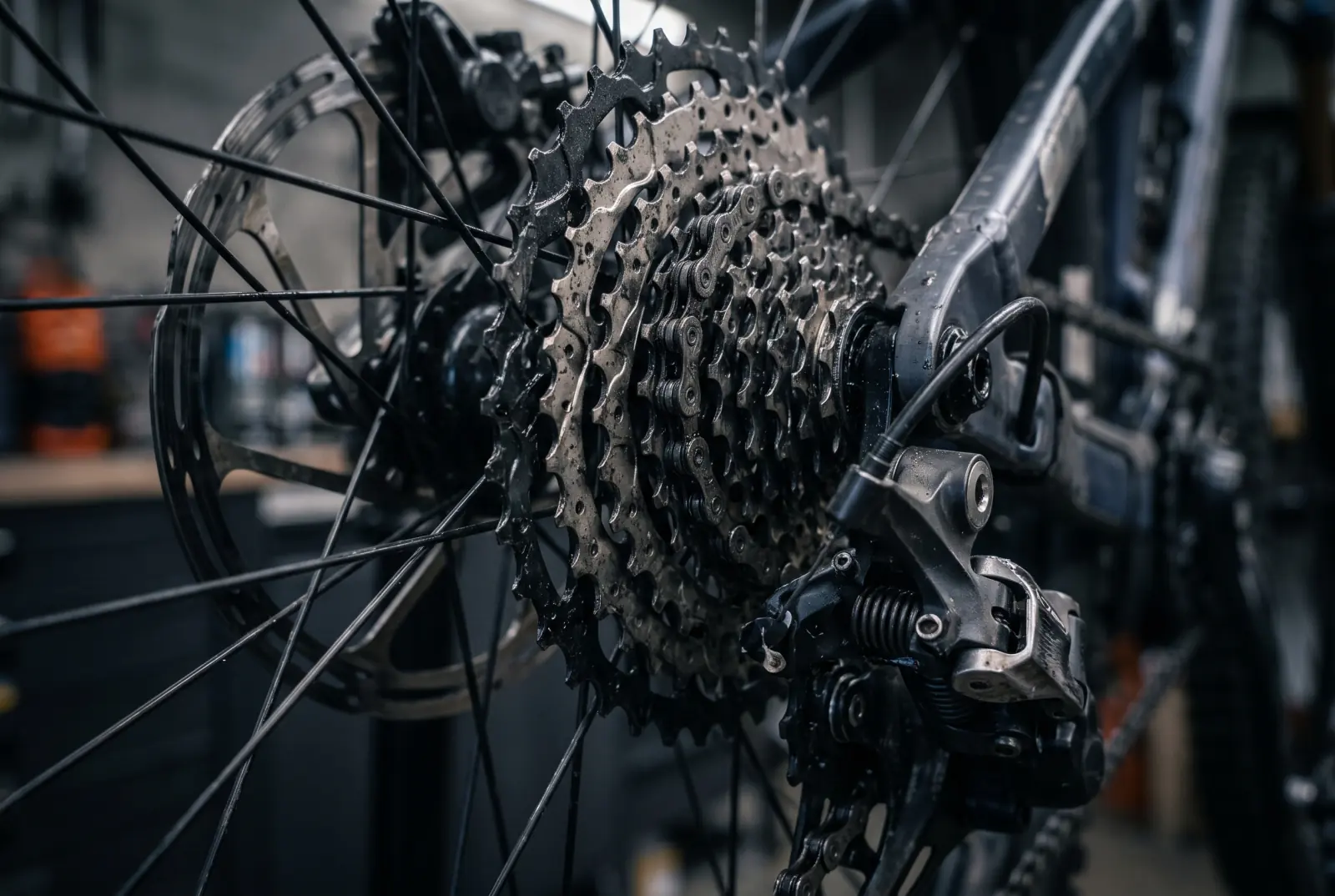 Cassette and chain close up, grit from the trail still on the teeth