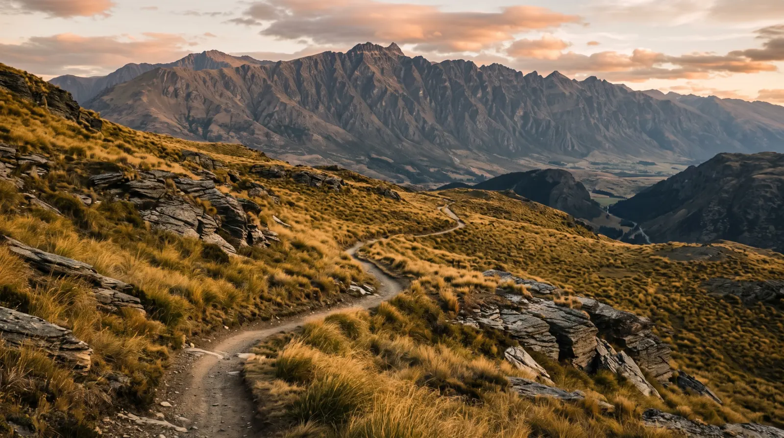 Empty singletrack through tussock and schist above Queenstown