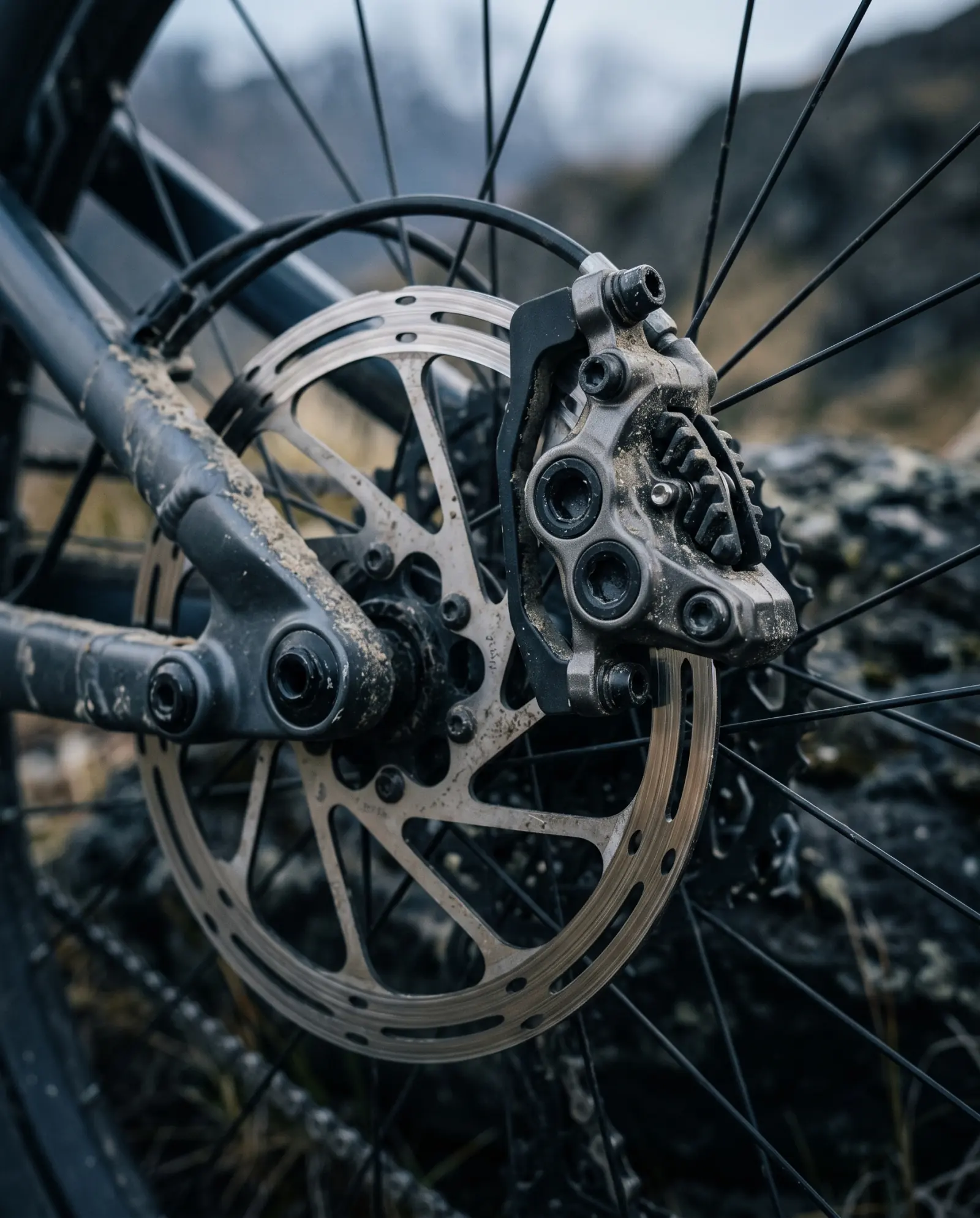 Disc brake rotor and caliper, worn from long descents